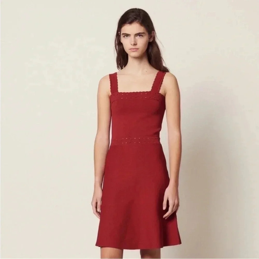 Sandro burgundy Alyson pointelle stretch knit mini dress